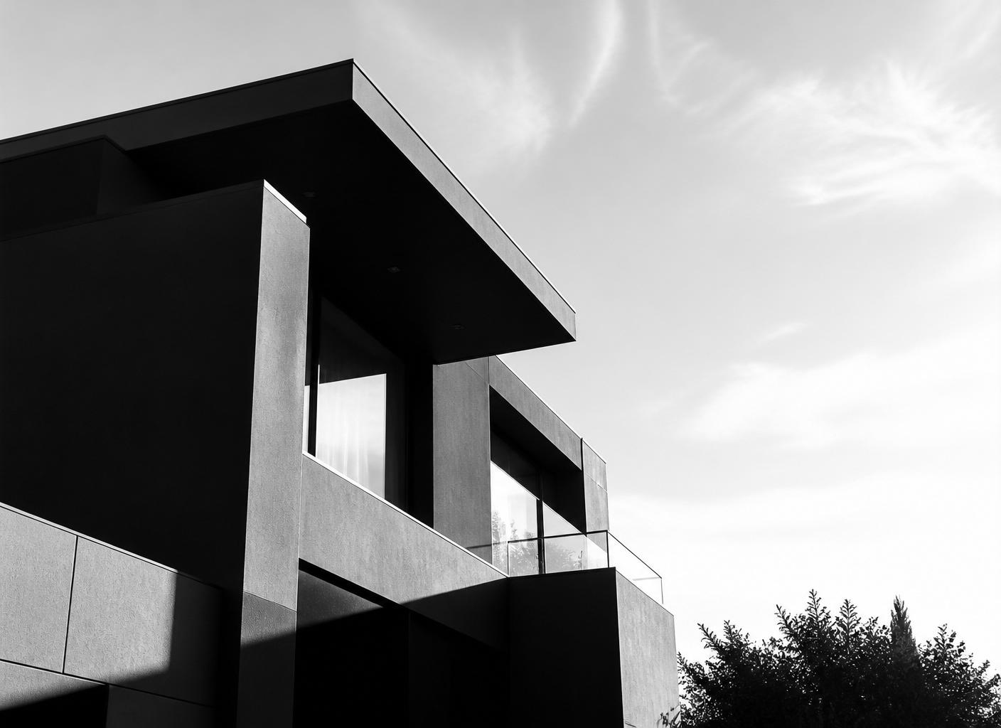 Modern black and white architecture representing bold real estate branding